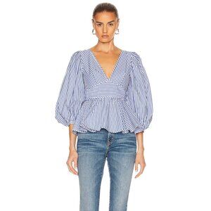 Staud Blue Striped Puff Sleeve Blouse